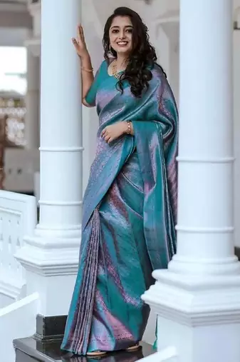 Turquoise silk blend banarasi saree with unstitched blouse piece