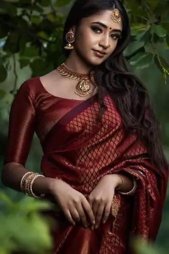 Maroon soft silk blend banarasi jacuard work designer party wear saree with unstitched blouse piece