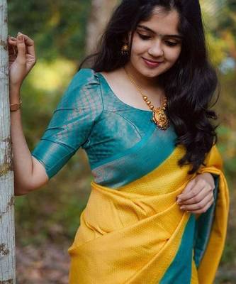 Yellow blue silk blend banarasi saree with unstitched blouse piece 1