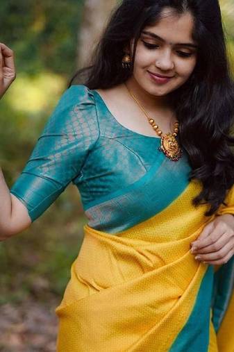 Yellow blue soft silk blend banarasi jacuard work designer party wear saree with unstitched blouse piece