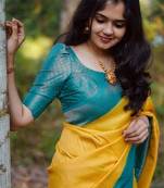 Yellow blue silk blend banarasi saree with unstitched blouse piece