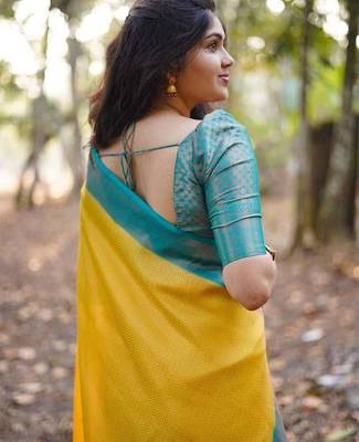 Yellow blue silk blend banarasi saree with unstitched blouse piece 2