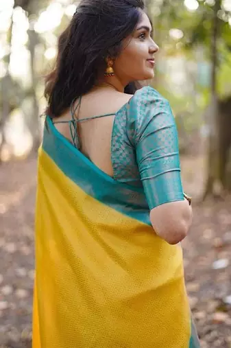 Yellow blue silk blend banarasi saree with unstitched blouse piece
