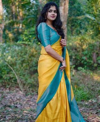 Yellow blue silk blend banarasi saree with unstitched blouse piece 3