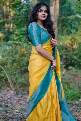 Yellow blue silk blend banarasi saree with unstitched blouse piece