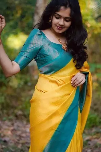 Yellow blue silk blend banarasi saree with unstitched blouse piece