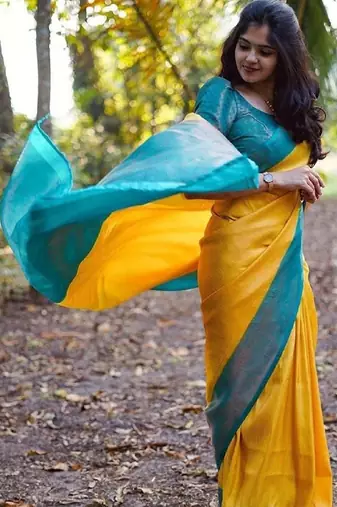 Yellow blue silk blend banarasi saree with unstitched blouse piece