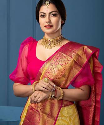 Yellow pink silk blend banarasi saree with unstitched blouse piece 1