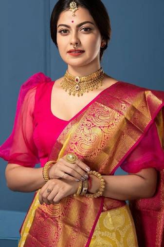 Yellow pink soft silk blend banarasi jacuard work designer party wear saree with unstitched blouse piece