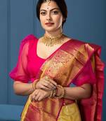 Yellow pink silk blend banarasi saree with unstitched blouse piece