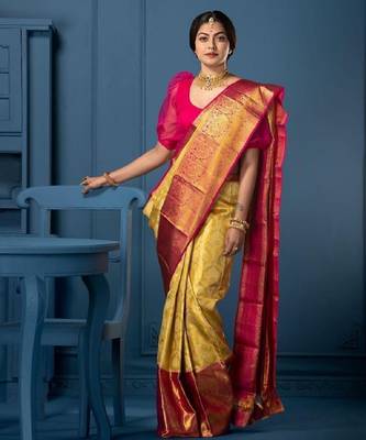 Yellow pink silk blend banarasi saree with unstitched blouse piece 2