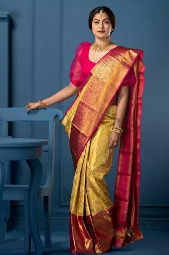 Yellow pink silk blend banarasi saree with unstitched blouse piece