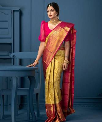 Yellow pink silk blend banarasi saree with unstitched blouse piece 3