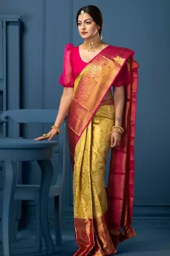 Yellow pink silk blend banarasi saree with unstitched blouse piece