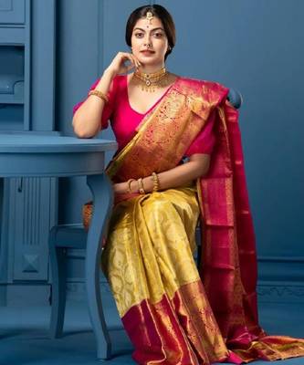 Yellow pink silk blend banarasi saree with unstitched blouse piece 4
