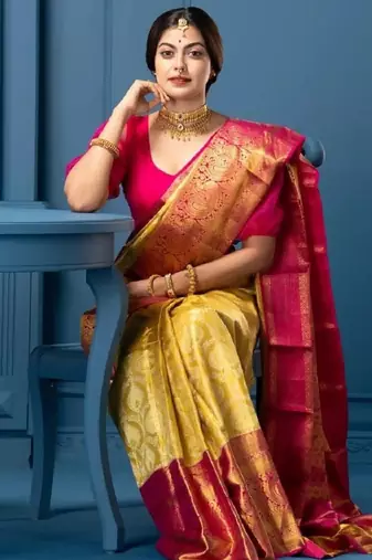 Yellow pink silk blend banarasi saree with unstitched blouse piece