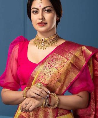 Yellow pink silk blend banarasi saree with unstitched blouse piece 5