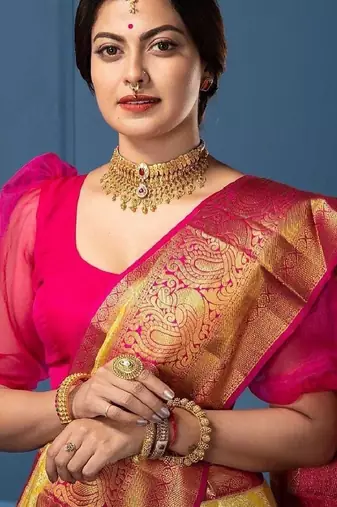 Yellow pink silk blend banarasi saree with unstitched blouse piece
