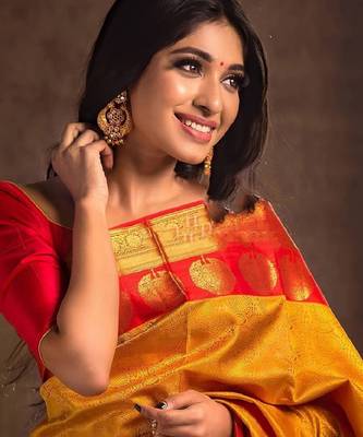 Yellow red silk blend banarasi saree with unstitched blouse piece 1