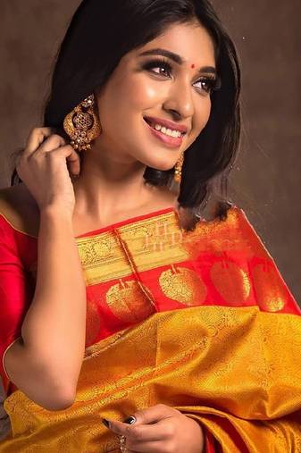 Yellow red soft silk blend banarasi jacuard work designer party wear saree with unstitched blouse piece