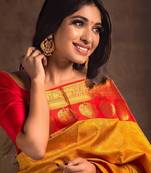 Yellow red silk blend banarasi saree with unstitched blouse piece