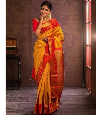 Yellow red silk blend banarasi saree with unstitched blouse piece 2