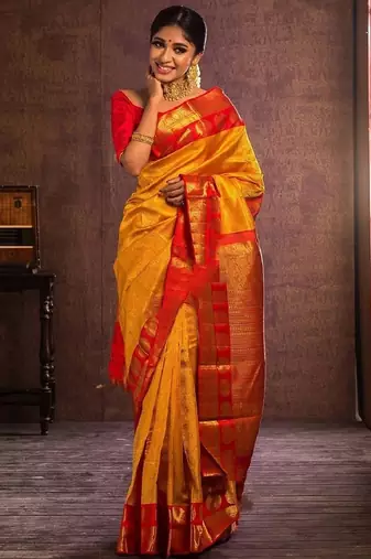 Yellow red silk blend banarasi saree with unstitched blouse piece