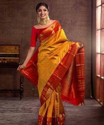 Yellow red silk blend banarasi saree with unstitched blouse piece 3