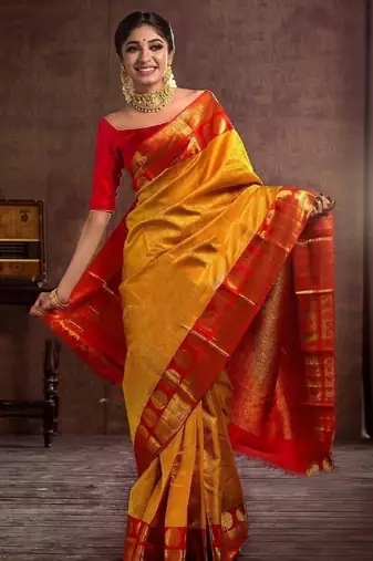 Yellow red silk blend banarasi saree with unstitched blouse piece