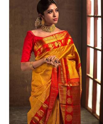 Yellow red silk blend banarasi saree with unstitched blouse piece 4