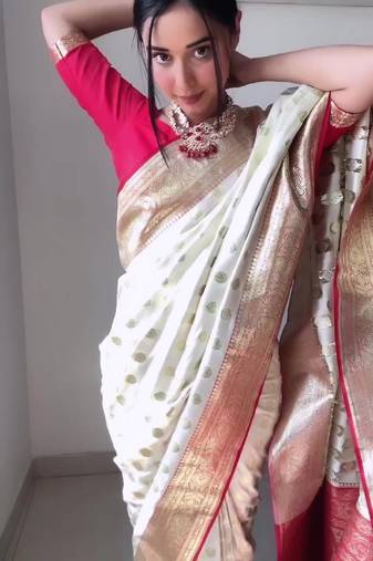 White red soft linen blend banarasi jacuard work designer party wear saree with unstitched blouse piece