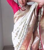 White red linen blend banarasi saree with unstitched blouse piece