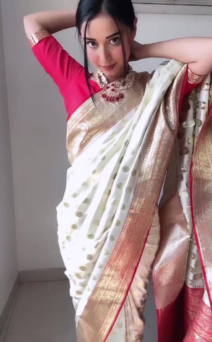 White red soft linen blend banarasi jacuard work designer party wear saree with unstitched blouse piece