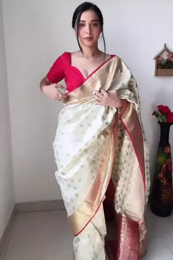 White red linen blend banarasi saree with unstitched blouse piece