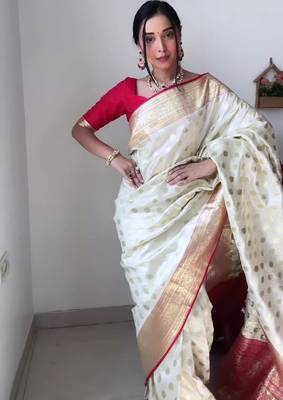 Off White red silk blend banarasi 1 minute pre draped saree with unstitched blouse piece 4