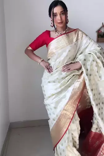 White red linen blend banarasi saree with unstitched blouse piece
