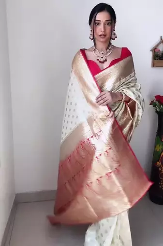 White red linen blend banarasi saree with unstitched blouse piece