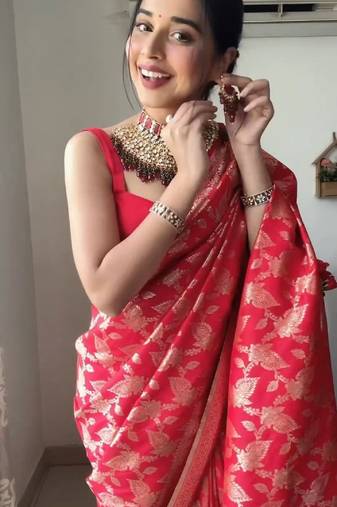 Red soft linen blend banarasi jacuard work designer party wear saree with unstitched blouse piece