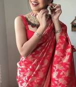 Red soft linen blend banarasi jacuard work designer party wear saree with unstitched blouse piece