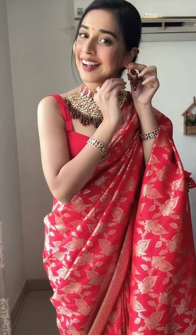 Red soft linen blend banarasi jacuard work designer party wear saree with unstitched blouse piece