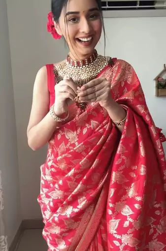 Red linen blend banarasi saree with unstitched blouse piece