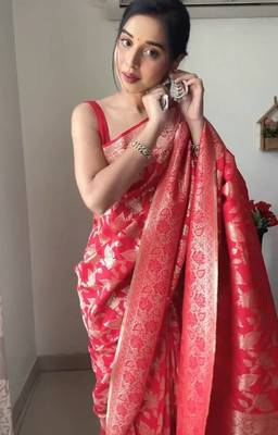 Red linen blend banarasi saree with unstitched blouse piece 3