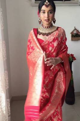 Red linen blend banarasi saree with unstitched blouse piece 4