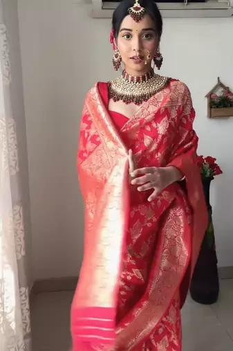 Red linen blend banarasi saree with unstitched blouse piece
