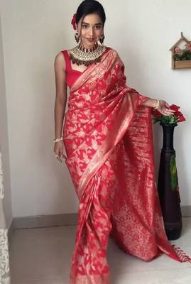Red linen blend banarasi saree with unstitched blouse piece 5