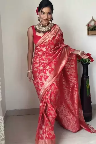 Red linen blend banarasi saree with unstitched blouse piece