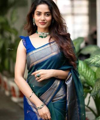 Turquoise blue silk blend banarasi saree with unstitched blouse piece 1