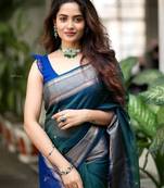 Turquoise blue soft silk blend banarasi jacuard work designer party wear saree with unstitched blouse piece