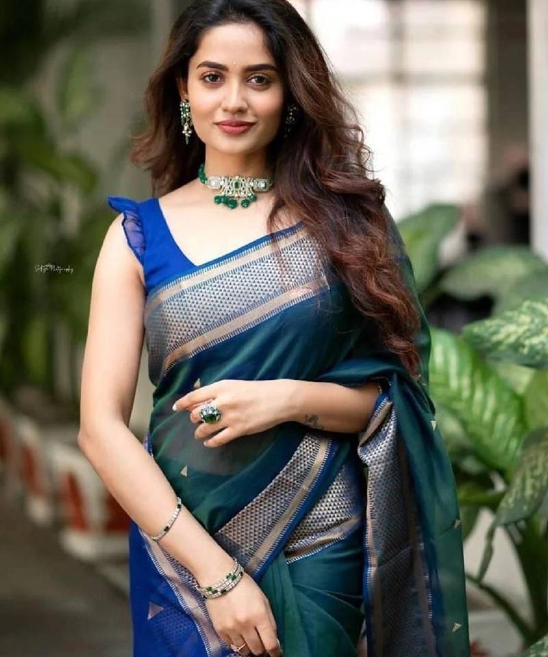 Turquoise blue soft silk blend banarasi jacuard work designer party wear saree with unstitched blouse piece