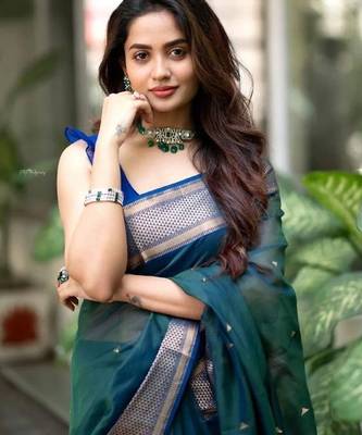 Turquoise blue silk blend banarasi saree with unstitched blouse piece 2